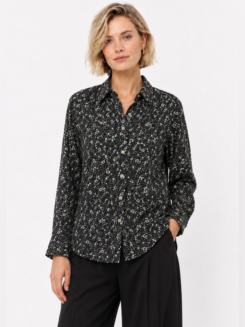 Zara Paisley Print Sheer Button-Up Blouse Black Green Size S